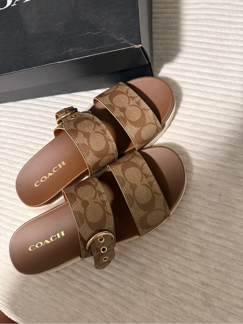 Coach Brown Signature Double-Strap Slide Sandals with Buckle - Picture 1 of 4